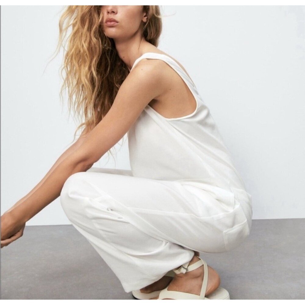 NEW! Zara Wide Leg Relaxed Fit Denim Jean Jumpsuit Fringe Detail White SZ M - Picture 3 of 10